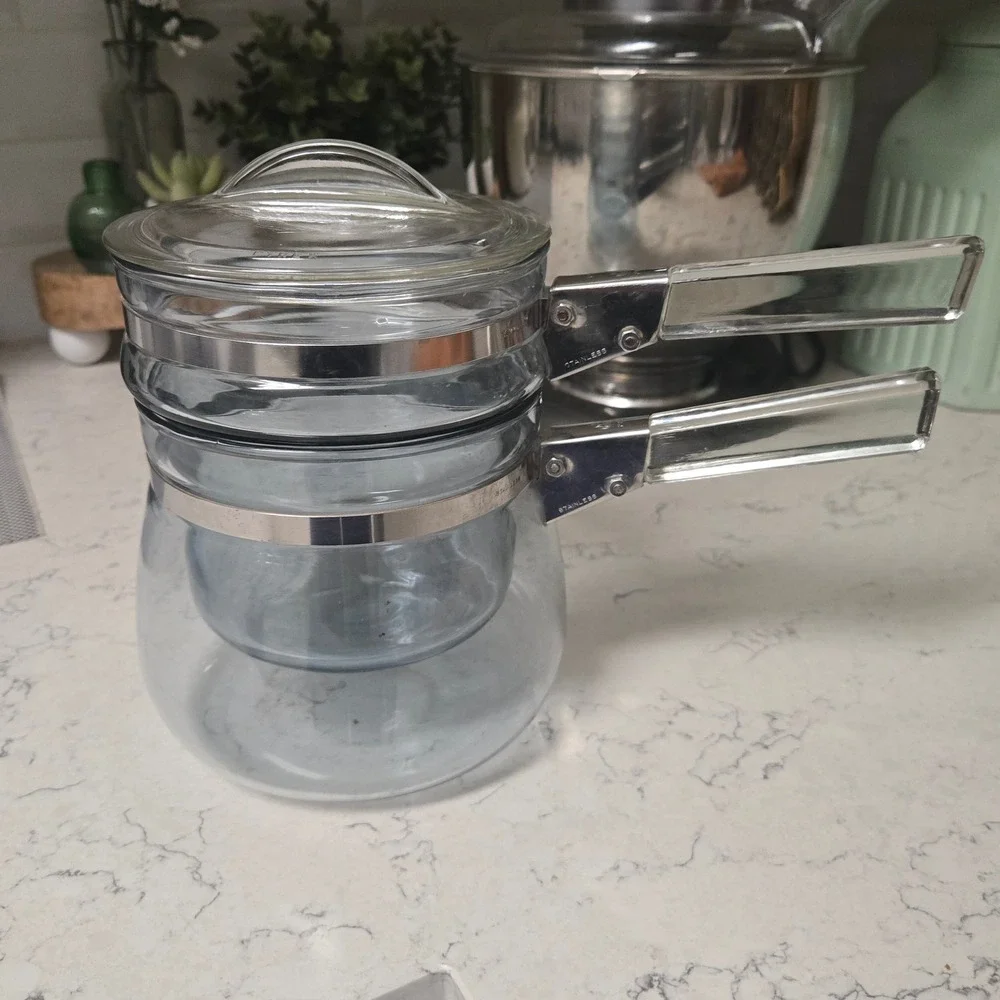 Vtg Pyrex Flameware 6762 Double Boiler Set 1 Quart 3 Piece Flame Logo 1937-1946